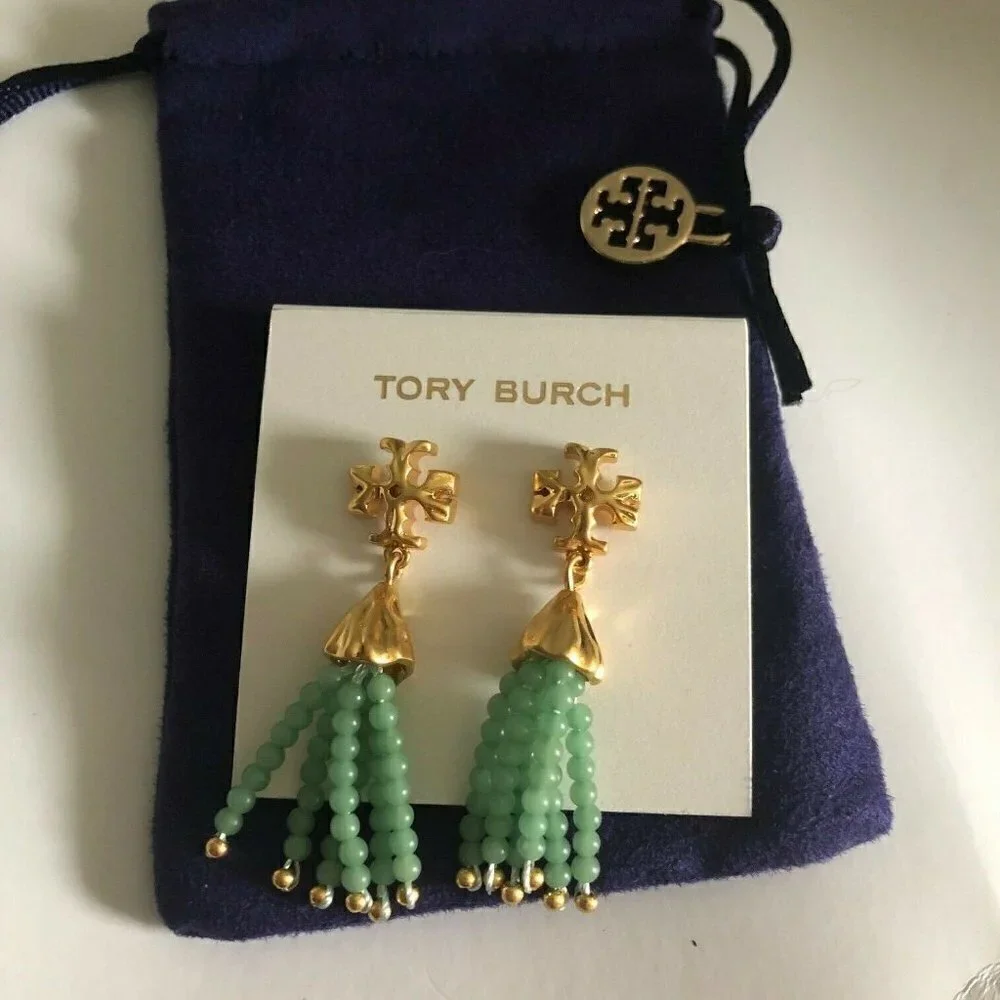 Tory Burch Roxanne Tassel Drop Earrings Mint Green Beaded Gold Tone Statement